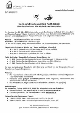 Sportverein, Einladung zum Schi- und Rodelausflug nach Kappl