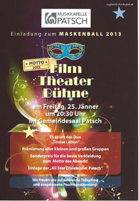 Musikkapelle Patsch, Einladung zum Maskenball 2013 mit Zeitungsnotiz aus dem Bezirksblatt