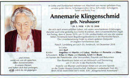 Annemarie Klingenschmid, 29.5.1938 - 29.12.2018