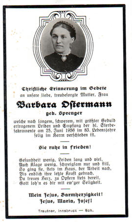 Sterbebild Barbara Ostermann, geb. Sprenger, gest. 25.06.1956 im 83. Lj.