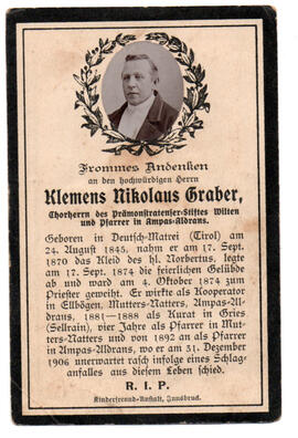 Sterbebild Klemens Nikolaus Graber, Chorherr an versch. Orten des Klosters Wilten, gest. 31.12.1906