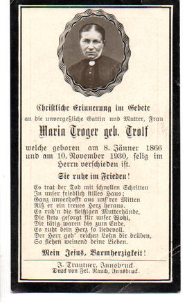 Sterbebild Maria Troger geb. Trolf, 08.01.1866 - 10.11.1930
