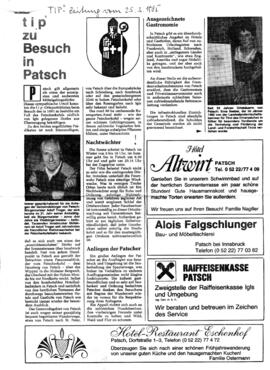 Zeitungsartikel über Besuch in Patsch 1985