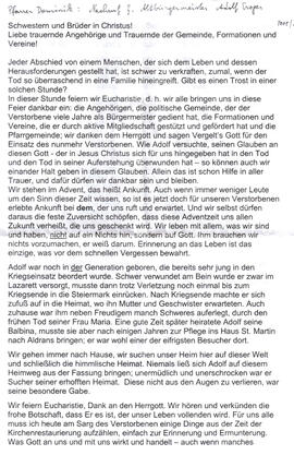 Nachruf für Altbürgermeister Adolf Troger beim Sterbegottesdienst von Pfarrer Dominik Jennewein