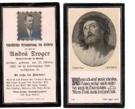 Sterbebild Andrä Troger, Bauernknecht in Patsch, gest. 27.10.1924