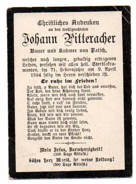 Sterbebild Johann Pitteracher, Bauer und Krämer von Patsch, gest. am 09.04.1894 im 71. Lj.