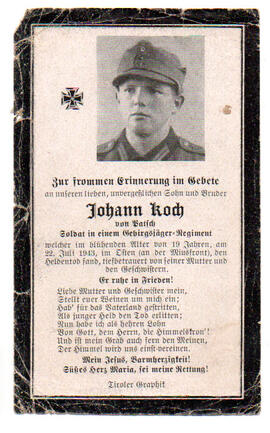 Sterbebild Johann Koch, Soldat in einem Gebirgsjäger-Regiment, gefallen am 22.07.1943 im Osten an...
