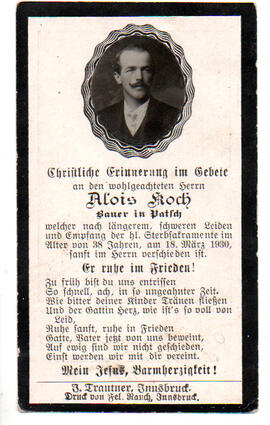 Sterbebild Alois Koch, Bauer in Patsch, gest. am 18.03.1930 im Alter von 38 Jahren.