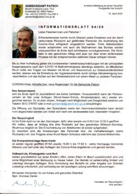 Informationsblatt 04/ 20 des Bürgermeisters, Covid 19 Maßnahmen u.a