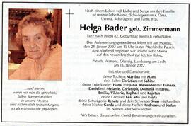 Sterbebild Helga Bader, geb. Zimmermann,  + 24.01.2022