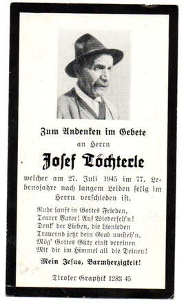 Sterbebild Josef Töchterle, gest. 27.07.1945 im 77. Lj.