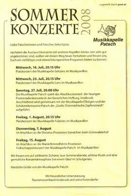 Musikkapelle Patsch, Programm Sommerkonzerte 2008, "Platzkonzerte"