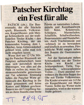 Grünwalderhof - Kirchtag und Bauernmarkt mit Zeitungsbericht der TT; Kulturprogramm im Grünwalderhof