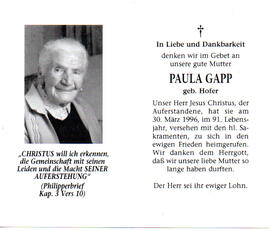 Paula Gapp, gest. 30.03.1996; Mutter von Pfarrer Norbert Gapp.