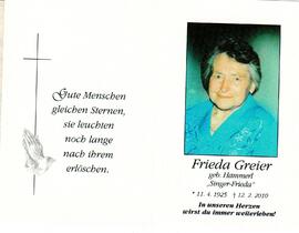 Sterbebild Frieda Greier &quot;Singer-Frieda&quot;