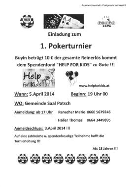 Einladung zum 1. Pokerturnier, Reinerlös für "Help for Kids" Siehe Bericht im Dorfblatt...