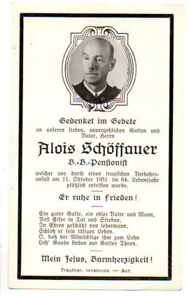 Sterbebild Alois Schöffauer, BB-Pensionist, gest. am 11.10.1951 im 64. Lj.