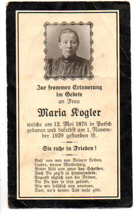 Sterbebild Maria Kogler, geb. 12.05.1978, gest. 01.11.1929