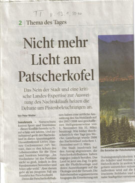 Patscherkofel, Nachtschilauf, Beeinträchtigung der Natur durch das Licht; Bericht in der Tiroler ...