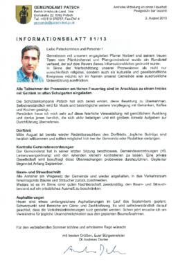Gemeinde Patsch, Informationsblatt 01/13 des Bürgermeisters; Rundbrief von Pfarre und Gemeinde