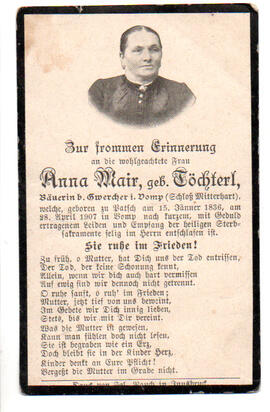 Sterbebild Anna Mair, geb. Töchterl, Bäuerin b. Gwercher (Schloss Mitterhart) in Vomp, geb in Pat...