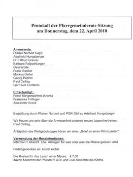Pfarre Patsch, Protokoll der Pfarrgemeinderatssitzung vom 22.4.2010
