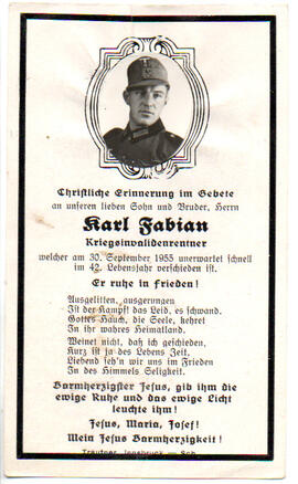 Sterbebild Karl Fabian, Kriegsinvalidenrentner, gest. am 30.09.1955 im 42.Lj.
