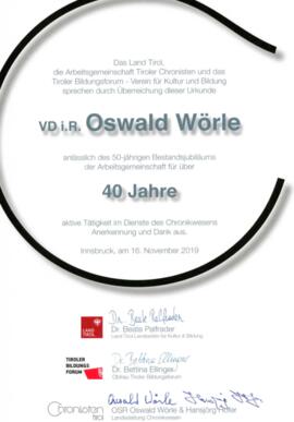 Oswald Wörle, Ehrung für 40 Jahre als Chronist