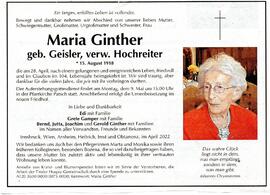 Sterbebild Maria Ginther, geb, Geisler, verw. Hochreiter 15.08.1918 - 28.04.2022