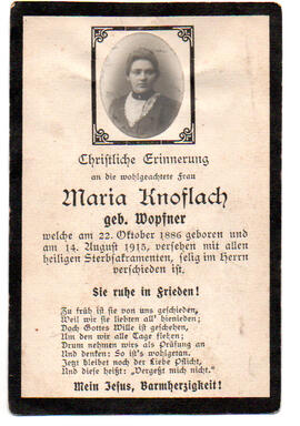 Sterbebild Maria Knoflach, geb. Wopfner, vom 22.10.1886 - 14.08.1915