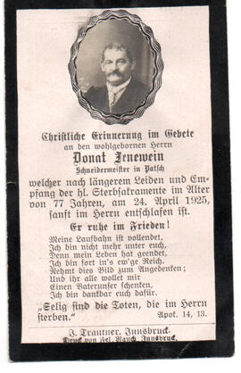 Sterbebild Donat Jenewein, Schneidermeister in Patsch, gest. am 24.04.1925 im Alter von 77 Jahren.