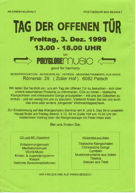 Betrieb Polyglobemusic im Zollerhof in Patsch; Einladung zum Tag der offenen Tür