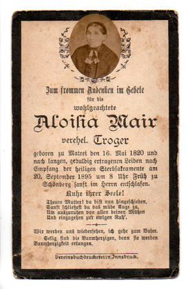 Sterbebild Aloisia Mair, verehel. Troger, 16.05.1820 - 20.09.1895