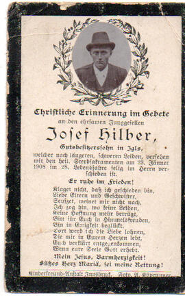 Sterbebild Josef Hilber, Gutsbesitzerssohn in Igls, gest. am 23.01.1808 im 28. Lebensjahre