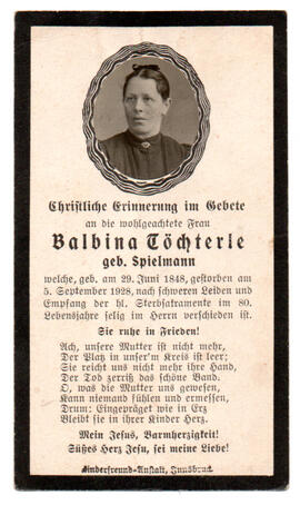 Sterbebild Balbina Töchterle, geb. Spielmann, gest. 05.09.1928
