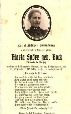 Sterbebild Maria Spörr geb. Bock, Bäuerin in Patsch, im 74. Lebensjahre am 18. Dezember 1945 vers...