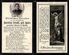 Sterbebild von Karoline Strobl, geb. Spörr, gewesene Bäuerin in Patsch, am 07.11.1914 verstorben.