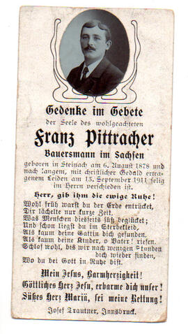 Sterbebild Franz Pittracher, Bauersmann im Sachsen, gest.13.09.1911