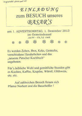 Pfarre Patsch, Einladung zum Weihnachtsbasar, beiliegender Handzettel; Mit den Einnahmen wurden f...