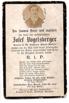 Sterbebild Josef Vogelsberger, Bauer in St. Kathrein, gest. am 30.05.1899 im 69.Lj.