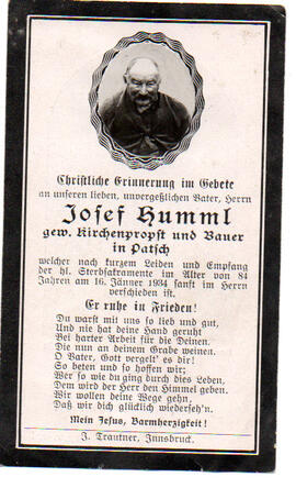 Sterbebild Josef Humml, gew.Kirchenprobst und Bauer in Patsch (Gstill) gest. am 16.01.1934