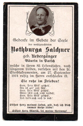 Sterbebild Nothburga Salchner, geb. Uebergänger, Bäurin in Patsch, gest. 27.09.1914 im 82. Lj.