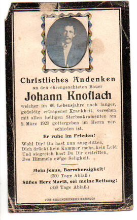 Sterbebild Johann Knoflach, gest. am 02.03.1920 im 60.Lj.