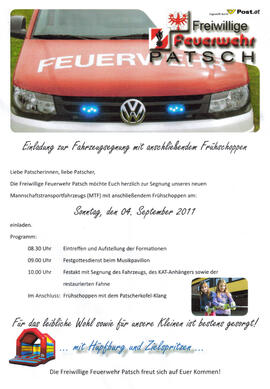 Feuerwehr, Einladung zur Fahrzeugweihe am 4.9.2011 mit Zeitungsartikel