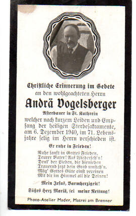 Sterbebild Andrä Vogelsberger, Asterbauer in St. Kathrein, gest. am 06.12.1940 im 71. Lj.