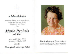 Sterbebild Maria recheis, geb. Viertl vom 19.03.1913 - 23.10.1997