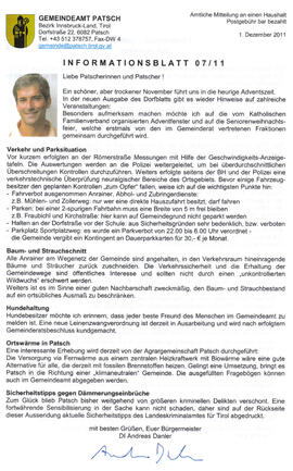 Gemeindeamt, Informationsblatt 07/11, Themen
