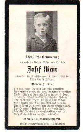 Sterbebild Josef Mair, ertrunken im Kraftsee am 19.04.1934 im Alter von 9 Jahren