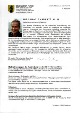 Informationsblatt 02/ 20 des Bürgermeisters, Covid 19 Maßnahmen u.a