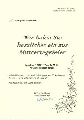 SPÖ-Ortsgruppe Patsch, Einladung zur Muttertagsfeier im Gemeindesaal